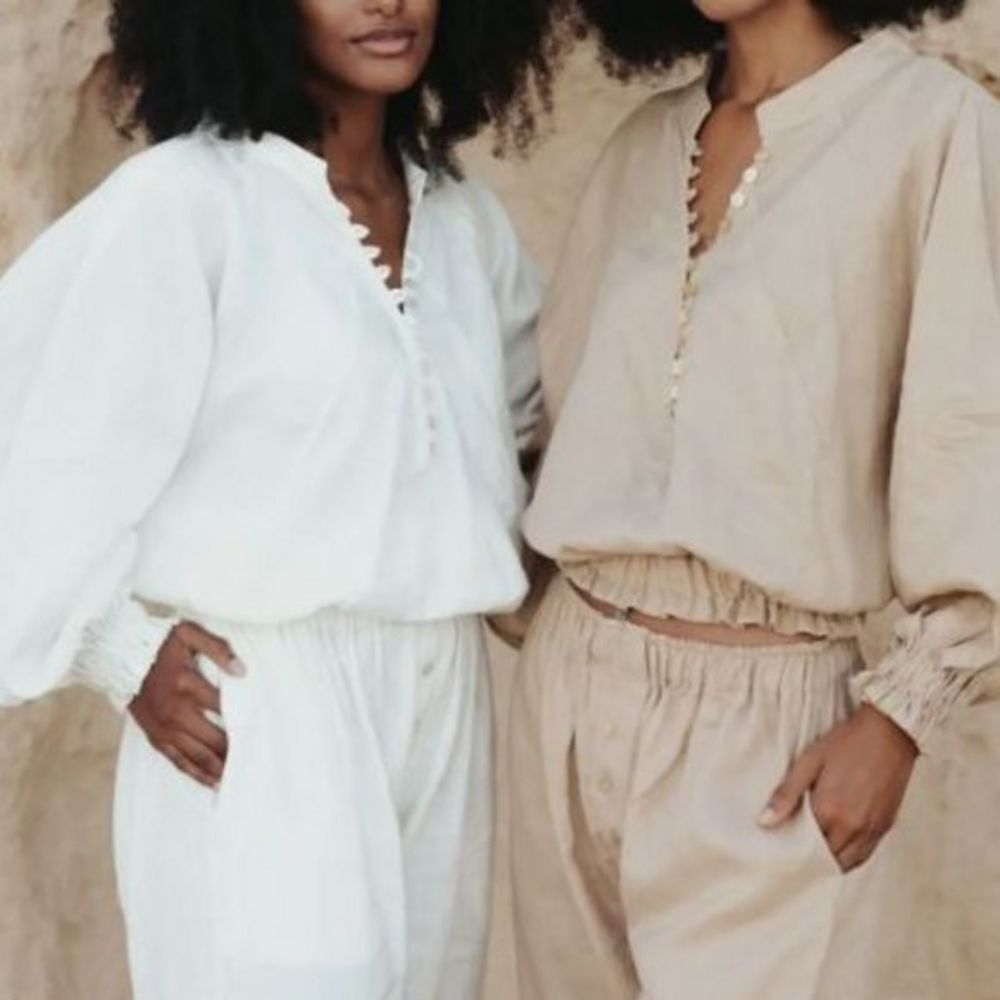 Myrah Penaloza Top OS 100% Linen Beige Button Blouson One Size Lagenlook  New wi